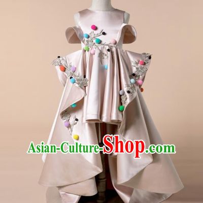 Children Princess Catwalks Costume Girls Compere Modern Dance Pink Satin Trailing Full Dress for Kids