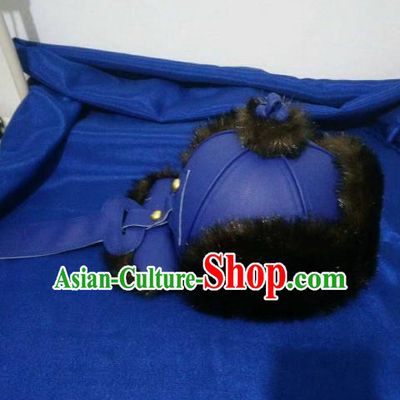 Traditional Chinese Mongol Nationality Hats Mongols Folk Dance Blue Leather Hat for Men