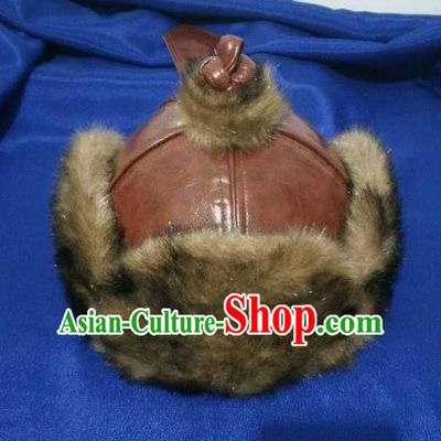 Traditional Chinese Mongol Nationality Hats Mongols Folk Dance Brown Leather Hat for Men