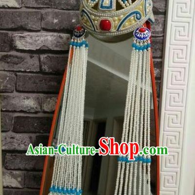 Traditional Chinese Mongol Nationality Princess Hats Mongols Bride Folk Dance Blue Beads Tassel Hat for Women