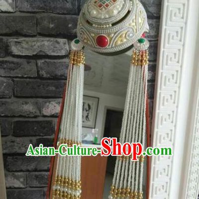 Traditional Chinese Mongol Nationality Princess Hats Mongols Bride Folk Dance Beads Tassel Hat for Women