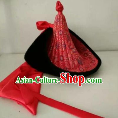 Traditional Chinese Mongol Nationality Folk Dance Hats Mongols Ethnic Royal Highness Red Hat for Men