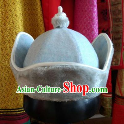 Traditional Chinese Mongol Nationality Folk Dance Hats Mongols Ethnic Blue Hat for Men
