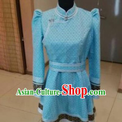 Traditional Chinese Mongol Nationality Folk Dance Costumes Mongolian Ethnic Female Blue Dress for Women