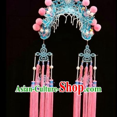 Traditional Chinese Beijing Opera Princess Hats Peking Opera Diva Blue Phoenix Coronet for Women