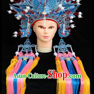 Traditional Chinese Peking Opera Bride Blue Phoenix Coronet Beijing Opera Princess Hats for Women