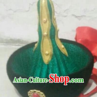 Traditional Chinese Mongol Nationality Hats Mongols Ethnic Royal Highness Green Hat for Men