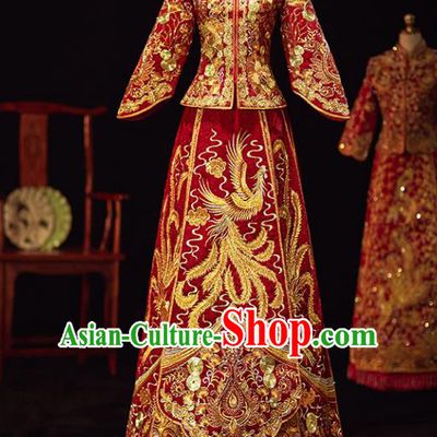 Chinese Traditional Wedding Costumes Ancient Bride Embroidered Phoenix Xiuhe Suits Red Full Dress for Women