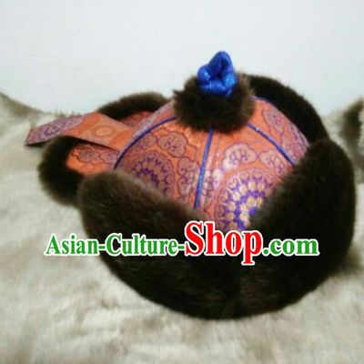 Traditional Chinese Mongol Nationality Folk Dance Hats Mongols Ethnic Royal Highness Orange Hat for Men