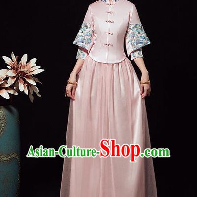 Chinese Traditional Wedding Costumes Ancient Bride Embroidered Pink Xiuhe Suits Full Dress for Women