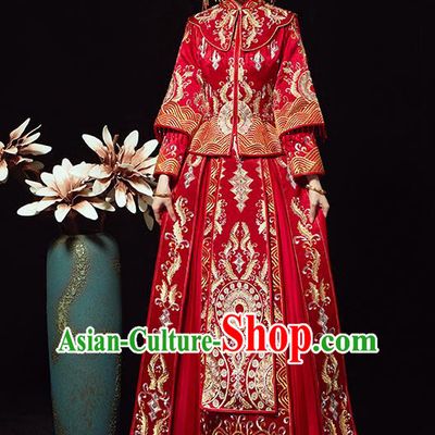 Chinese Traditional Wedding Costumes Ancient Bride Embroidered Red Xiuhe Suits Full Dress for Women