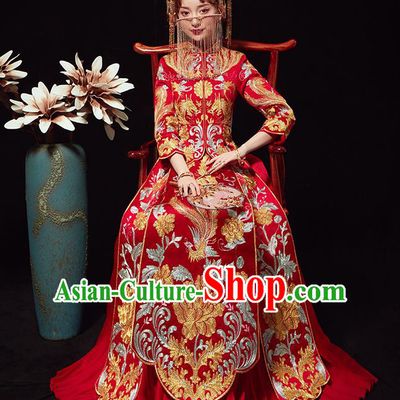 Chinese Traditional Wedding Costumes Ancient Bride Embroidered Xiuhe Suits Red Full Dress for Women