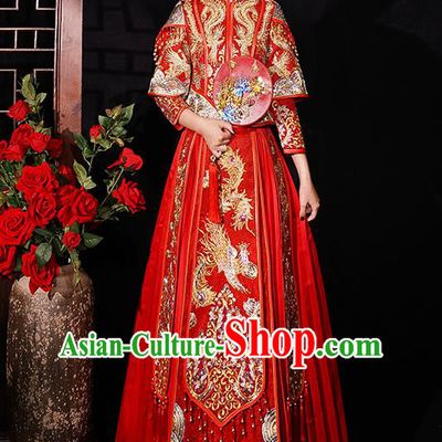 Chinese Traditional Wedding Costumes Embroidered Phoenix Xiuhe Suits Ancient Bride Red Full Dress for Women