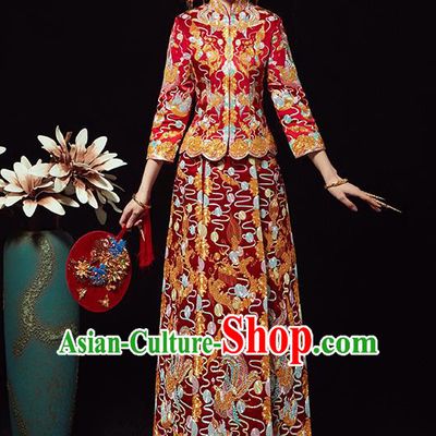 Chinese Traditional Wedding Costumes Embroidered Xiuhe Suits Ancient Bride Red Full Dress for Women