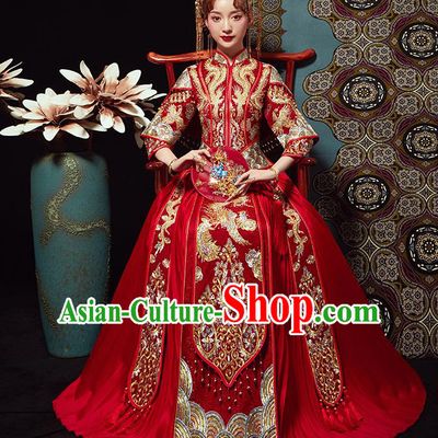 Chinese Traditional Wedding Costumes Bride Embroidered Xiuhe Suits Ancient Red Full Dress for Women