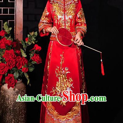 Chinese Traditional Wedding Costumes Bride Embroidered Red Xiuhe Suits Ancient Full Dress for Women