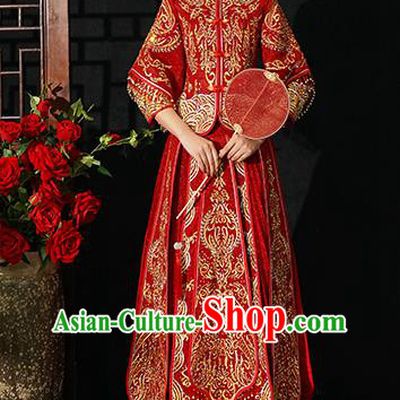 Chinese Traditional Wedding Costumes Bride Xiuhe Suits Ancient Toast Embroidered Red Full Dress for Women