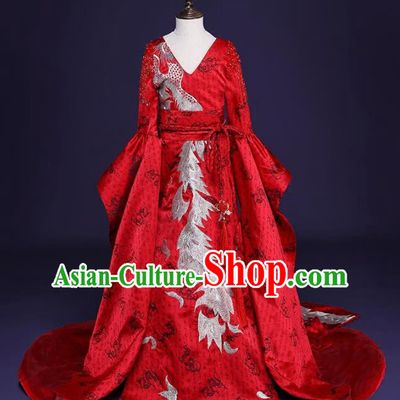 Chinese Children Catwalks Costume Girls Compere Modern Dance Red Trailing Full Dress for Kids