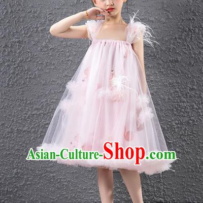 Children Stage Performance Catwalks Costume Compere Feather Full Dress for Girls Kids