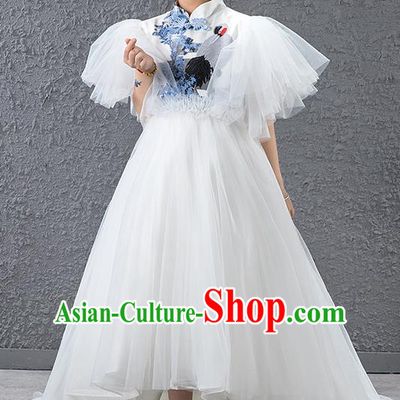 Children Modern Dance Costume Chinese Compere Halloween Catwalks Embroidered White Full Dress for Kids
