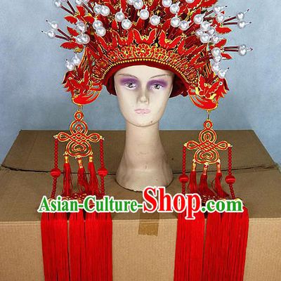 Chinese Traditional Peking Opera Red Butterfly Phoenix Coronet Beijing Opera Diva Chaplet Hats for Women