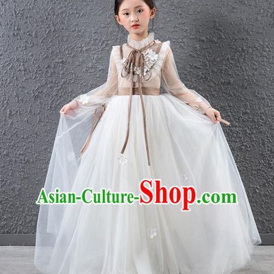 Children Catwalks Stage Performance Costume Compere White Veil Full Dress for Girls Kids