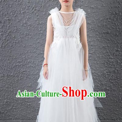 Children Catwalks Flowers Fairy Costume Compere Stage Performance White Veil Full Dress for Girls Kids