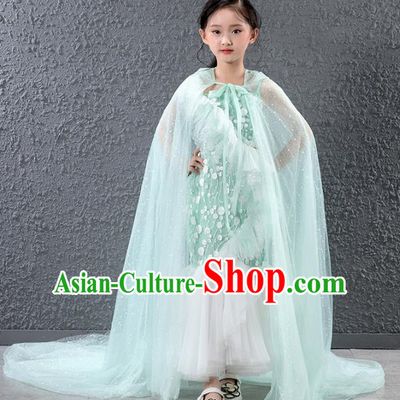 Children Catwalks Princess Costume Compere Stage Performance Green Trailing Full Dress for Girls Kids