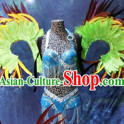Halloween Stage Show Feather Costumes Brazilian Carnival Parade Blue Swimsuit and Wings for Women