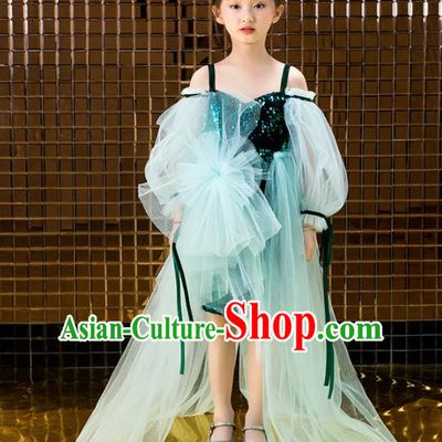 Children Catwalks Princess Costume Stage Performance Compere Green Veil Full Dress for Girls Kids