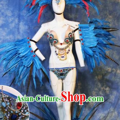 Halloween Cosplay Stage Show Blue Feather Props Catwalks Hair Accessories Brazilian Carnival Parade Samba Wings for Women
