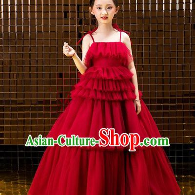 Children Catwalks Costume Stage Performance Compere Modern Dance Red Veil Full Dress for Girls Kids