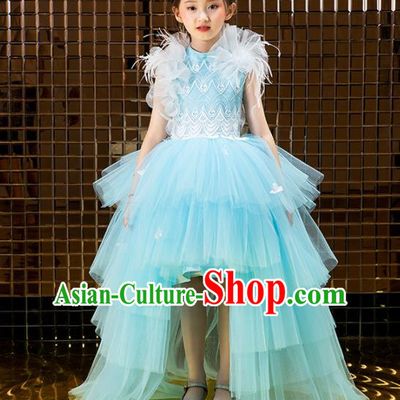 Children Catwalks Costume Stage Performance Compere Modern Dance Blue Veil Trailing Full Dress for Girls Kids