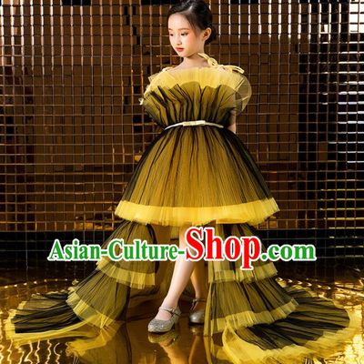 Children Catwalks Princess Costume Compere Modern Dance Trailing Full Dress for Girls Kids