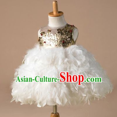Children Catwalks Costume Girls Compere Modern Dance Princess Feather Bubble Full Dress for Kids