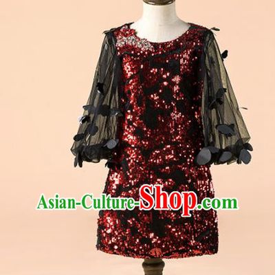 Children Catwalks Costume Girls Compere Modern Dance Wine Red Sequins Full Dress for Kids