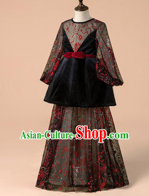 Children Catwalks Costume Girls Compere Modern Dance Black Full Dress for Kids Children Catwalks Costume Girls Compere Modern Dance Black Full Dress for Kids