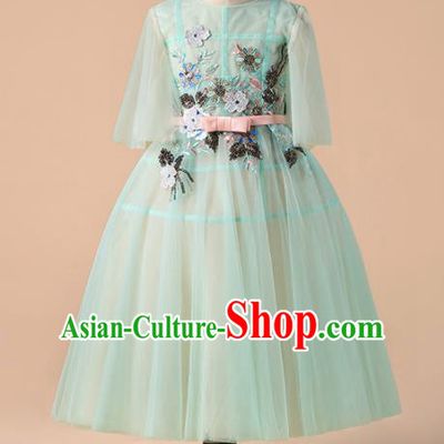 Children Catwalks Costume Girls Compere Modern Dance Green Veil Full Dress for Kids