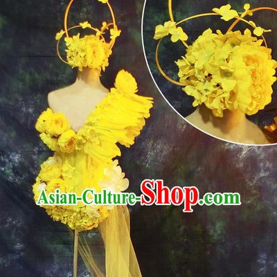 Brazilian Carnival Parade Halloween Clothing Catwalks Stage Show Yellow Flowers Costumes and Headwear for Women