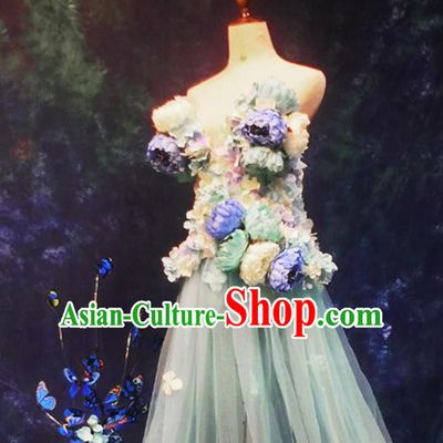 Brazilian Carnival Parade Halloween Clothing Catwalks Stage Show Green Veil Dress and Headwear for Women