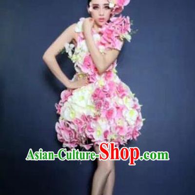 Brazilian Carnival Parade Halloween Costumes Catwalks Stage Show Pink Flowers Dress and Headwear for Women