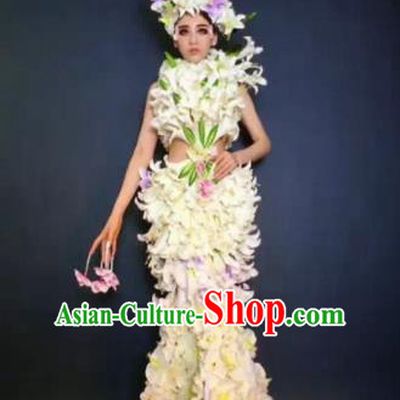 Brazilian Carnival Parade Halloween Costumes Catwalks Stage Show Yellow Flowers Dress and Headwear for Women