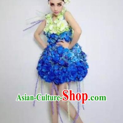 Brazilian Carnival Parade Halloween Costumes Catwalks Stage Show Royalblue Flowers Dress and Headwear for Women