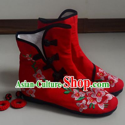 Chinese Traditional Hanfu Boots Ancient Shoes Embroidered Red Shoes for Women