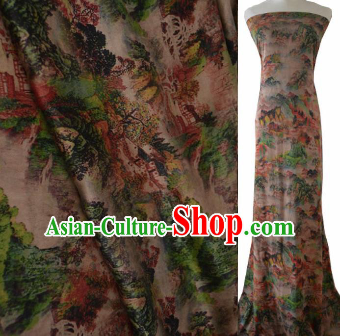 Asian Chinese Traditional Landscape Pattern Silk Design Brocade Fabric Chinese Gambiered Guangdong Gauze Material Asian Chinese Traditional Landscape Pattern Silk Design Brocade Fabric Chinese Gambiered Guangdong Gauze Material
