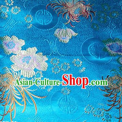 Asian Chinese Tang Suit Material Traditional Chrysanthemum Peony Pattern Design Blue Satin Brocade Silk Fabric