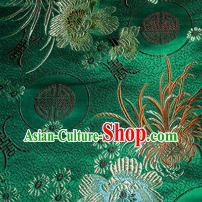 Asian Chinese Tang Suit Material Traditional Chrysanthemum Peony Pattern Design Deep Green Satin Brocade Silk Fabric