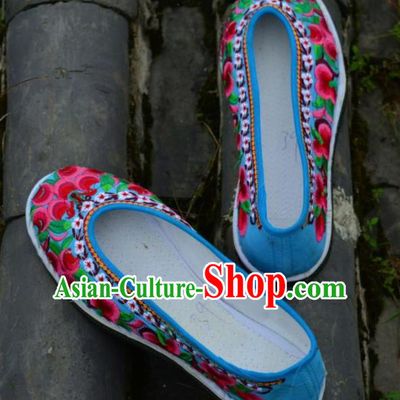 Chinese Traditional Hanfu Blue Shoes Ancient Princess Shoes Embroidered Shoes for Women