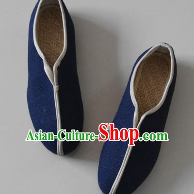 Chinese Traditional National Navy Linen Shoes Martial Arts Shoes Ancient Monk Shoes for Men