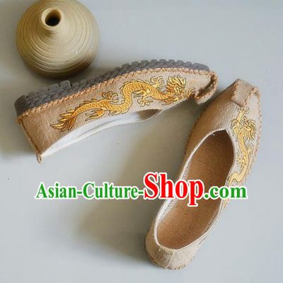 Chinese Traditional National Embroidered Dragons Beige Linen Shoes Martial Arts Shoes Ancient Monk Shoes for Men
